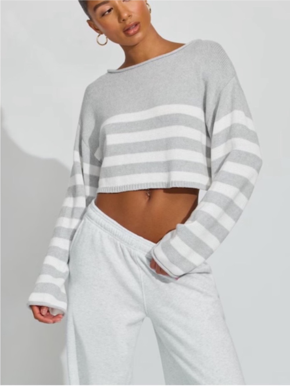 Nwt garage Cropped Striped Sweater - Light Gray & White size M-L